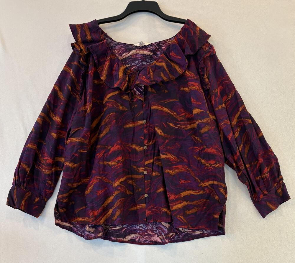 Terra & Sky Blouse Womens 3X Plus Multicolor Ruffle Neck Long Sleeve Button Top